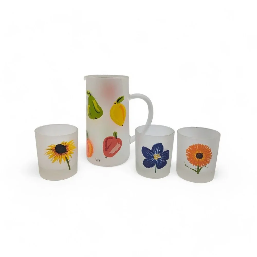 Dartington Spring Time Flowers Frosted Rocks Glass Pitcher & 3 Cups France